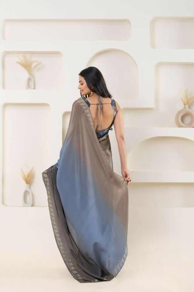 Grey Satin Pedding Designer, Printed Party Wear Ready To Wear Saree - Femina | Swadesiicart