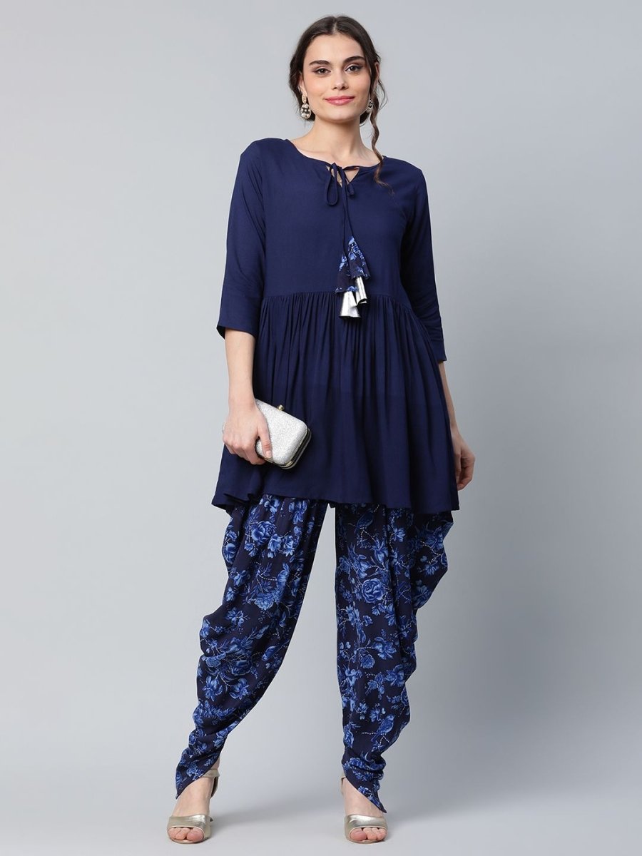 Ahalyaa Women Navy Blue Rayon Floral Empire Kurti with Dhoti Pants | Swadesiicart