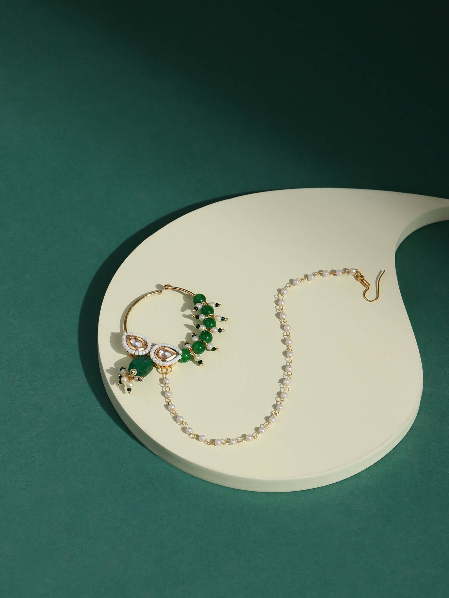 Gold-Polished White Green Kundan Studded Beaded Chain Nose Pin - Ruby Raang | Swadesiicart