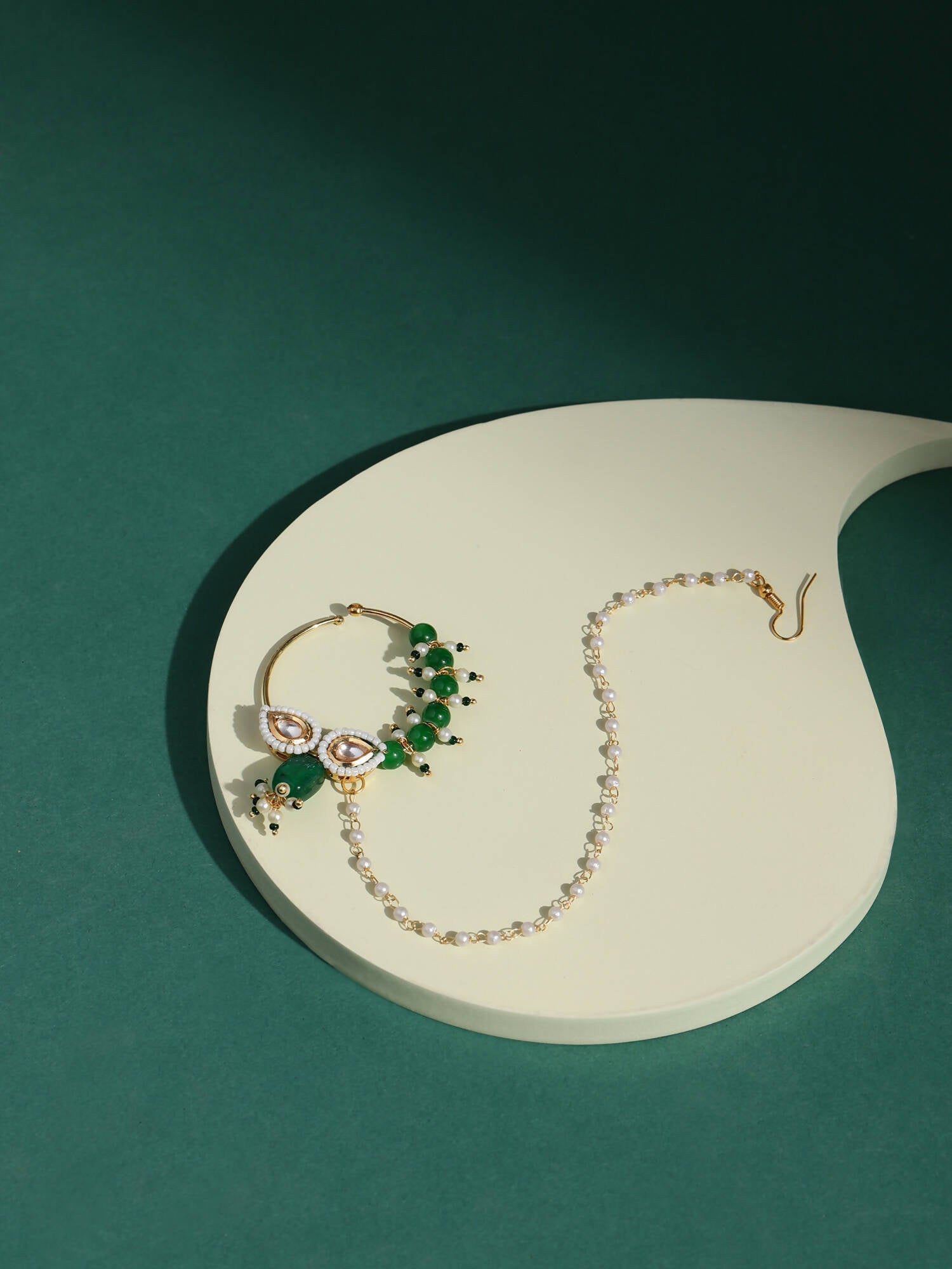 Gold-Polished White Green Kundan Studded Beaded Chain Nose Pin - Ruby Raang | Swadesiicart