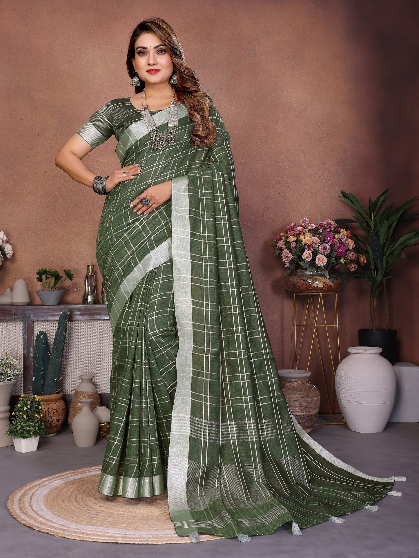 Anaita Green Weaving Linen Cotton Saree With Blouse