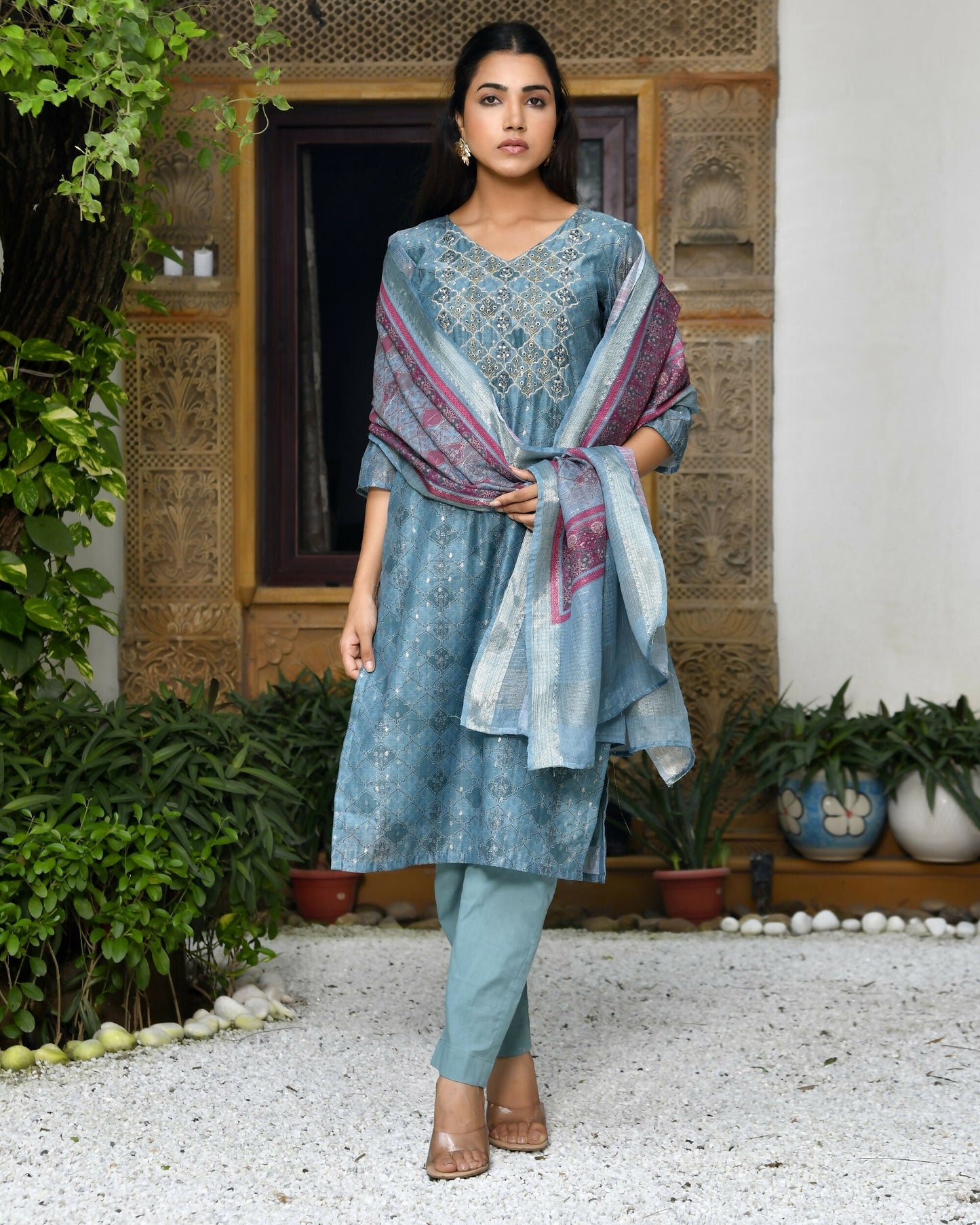 Vaasva Women's Chanderi Printed Suit Set With Pant And Printed Dupatta | Swadesiicart