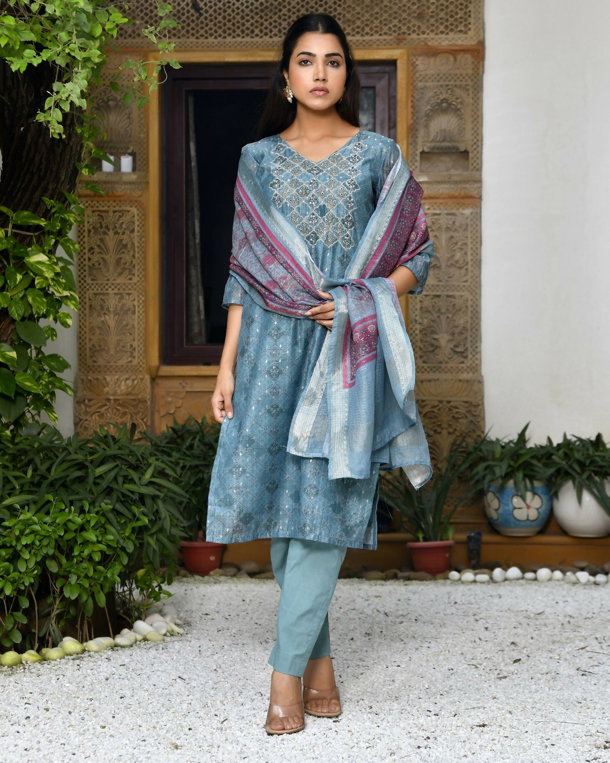 Vaasva Women's Chanderi Printed Suit Set With Pant And Printed Dupatta | Swadesiicart