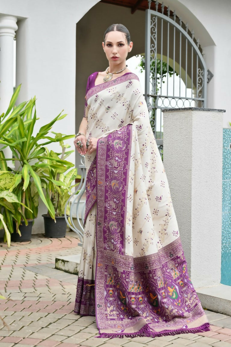 Vishnu Weaves Women's Wine Banarasi Silk Patola Zari Woven Saree with Blouse - Swadesiicart
