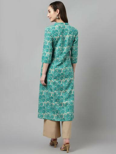 FIORRA Women's Floral Printed Teal Green Pure Cotton Straight Kurta - Swadesiicart