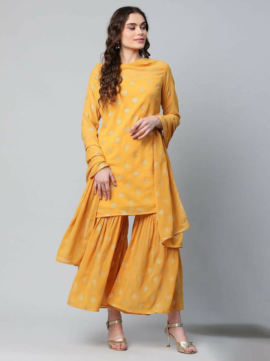 Ahalyaa Womens Mustard Georgette Gold Foil Printed Kurta Sharara Set With Dupatta | Swadesiicart