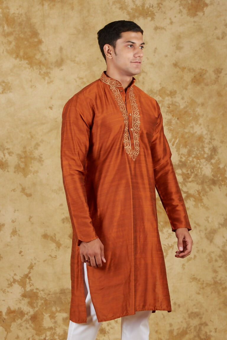 Bluesaanchi Men's Handloom Embroidered Tawny Kurta Set | Swadesiicart