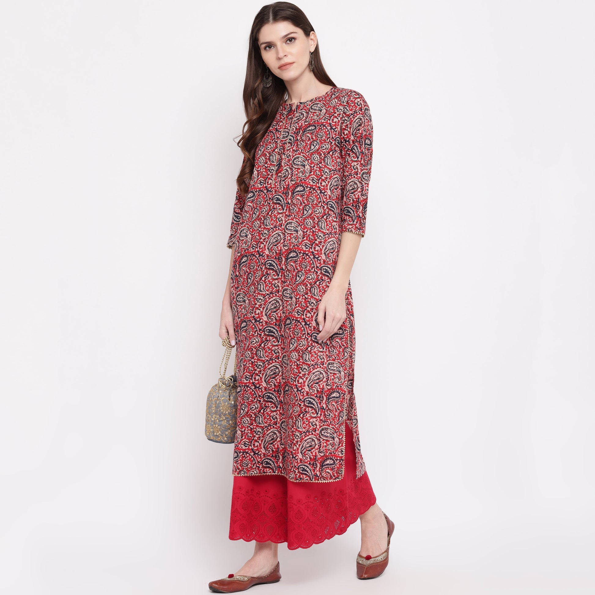 NOZ2TOZ Women's Red Kalamkari Print Cotton Kurta- (1pc set) - Swadesiicart