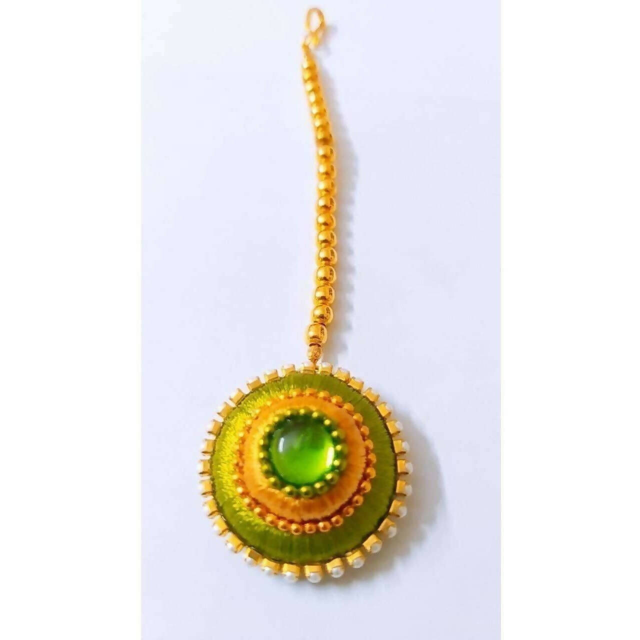 Green and Gold Silk Threaded Necklace Set with Earrings and Maang Tika - Swadesiicart