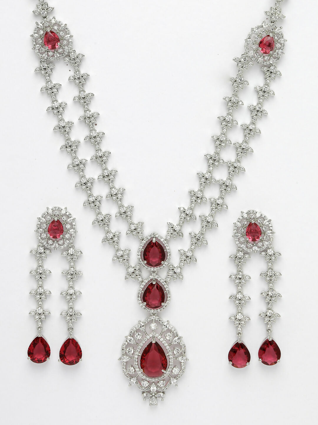 NVR Women's Silver-Plated Red CZ-Studded Handcrafted Jewellery Set - Swadesiicart