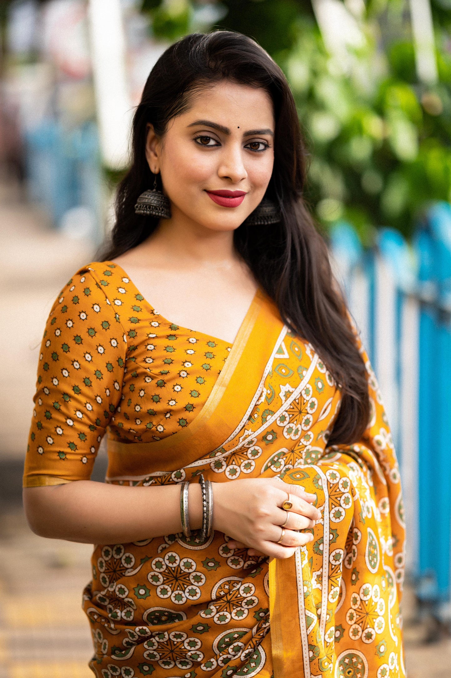 Mustard Cotton Blend Ajrak Saree with Unstitched Blouse - Hiral Fashion | Swadesiicart