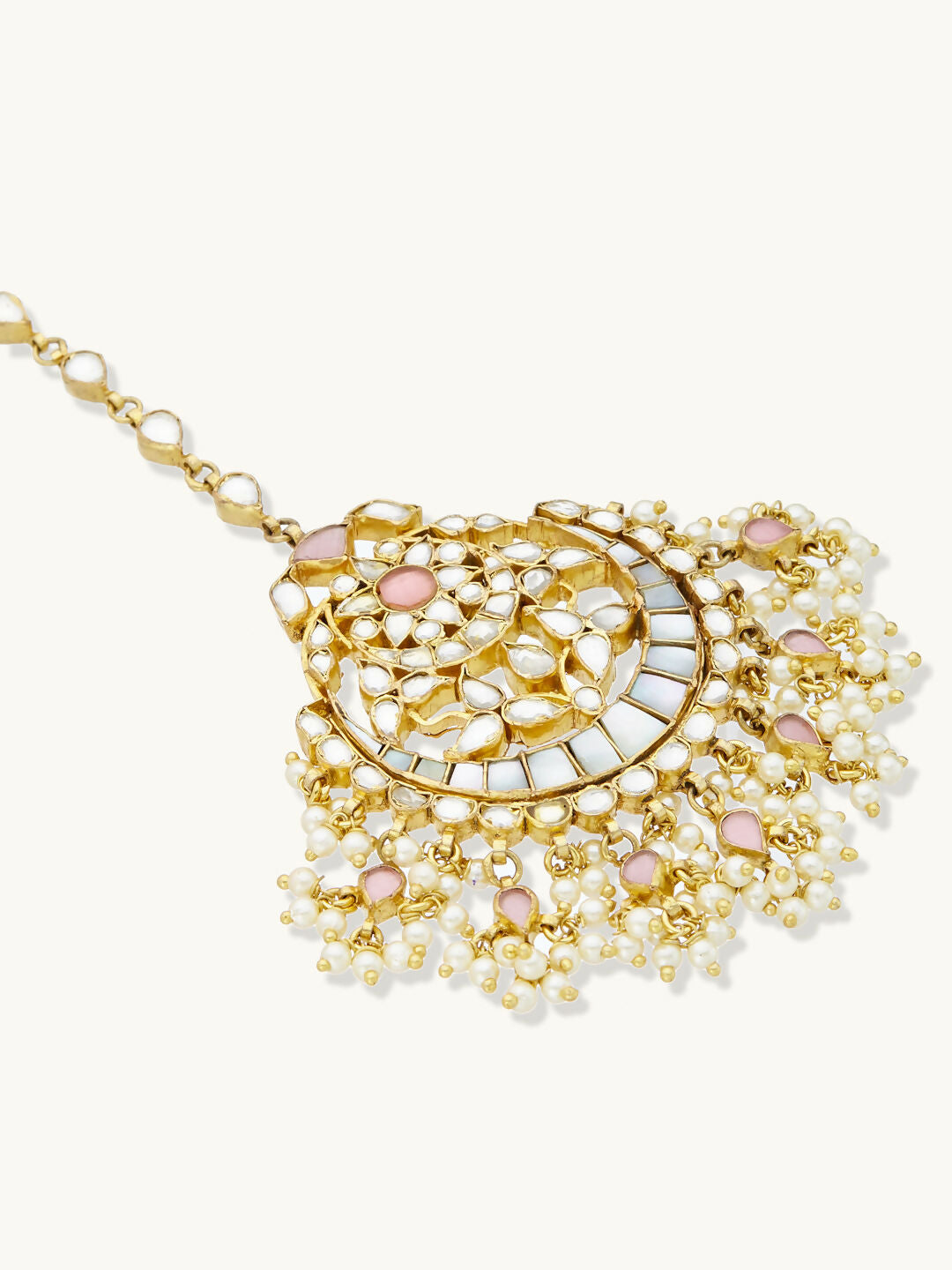 Nuyug 22K Gold-Plated Pearls & Pink Kundan Studded Statement Maang Tikka Head Jewellery | Swadesiicart