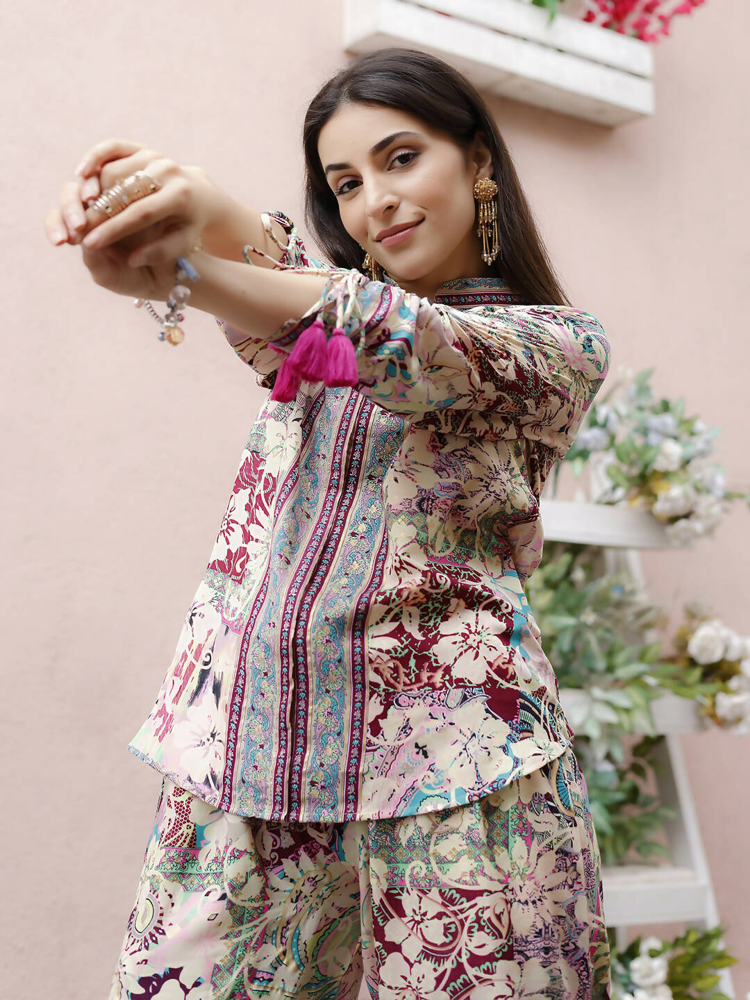 Cream Rayon Floral Printed Top with Matching Bottom - Eesha - Swadesiicart