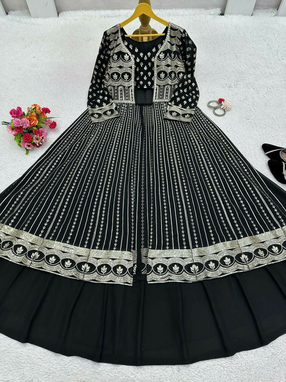Jyoti Fashion Women's Black Faux Georgette Sequins with Thread Embroidered Designer Lehenga Choli with Shrug Set | Swadesiicart