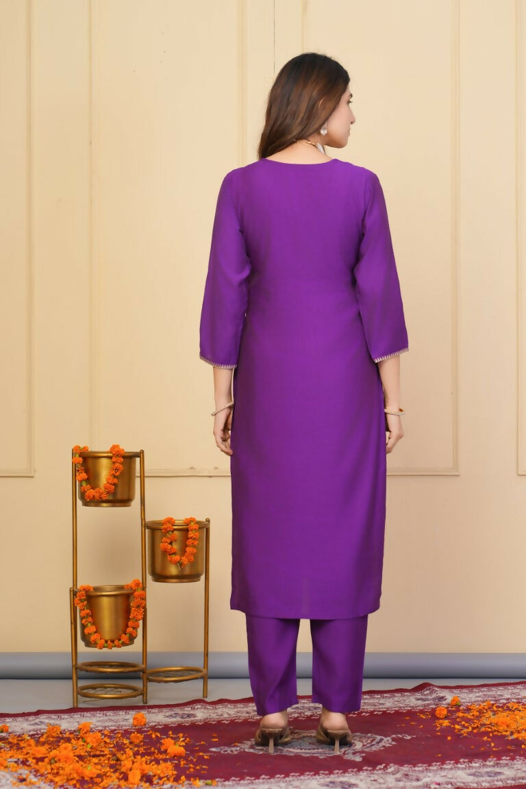 Purple Viscose Chanderi Embroidered Stitched Suit With Dupatta - Tanisha | Swadesiicart