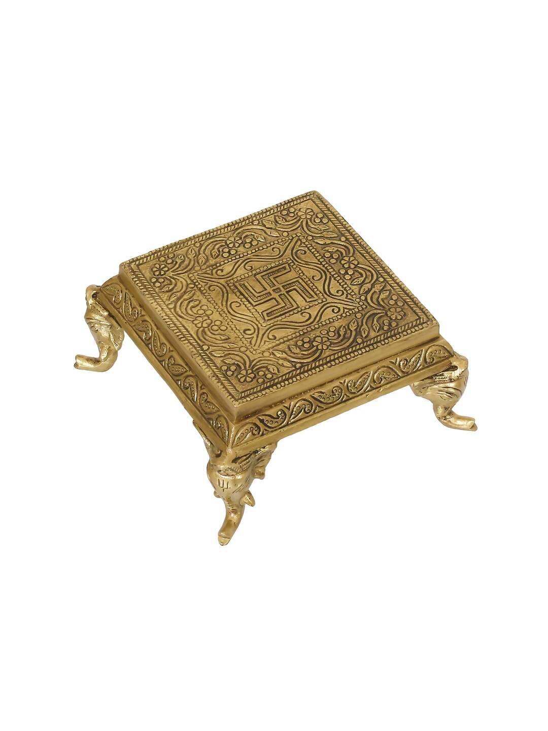 eCraftIndia Gold-Toned Handcrafted Traditional Pooja Chowki With Swastik | Swadesiicart