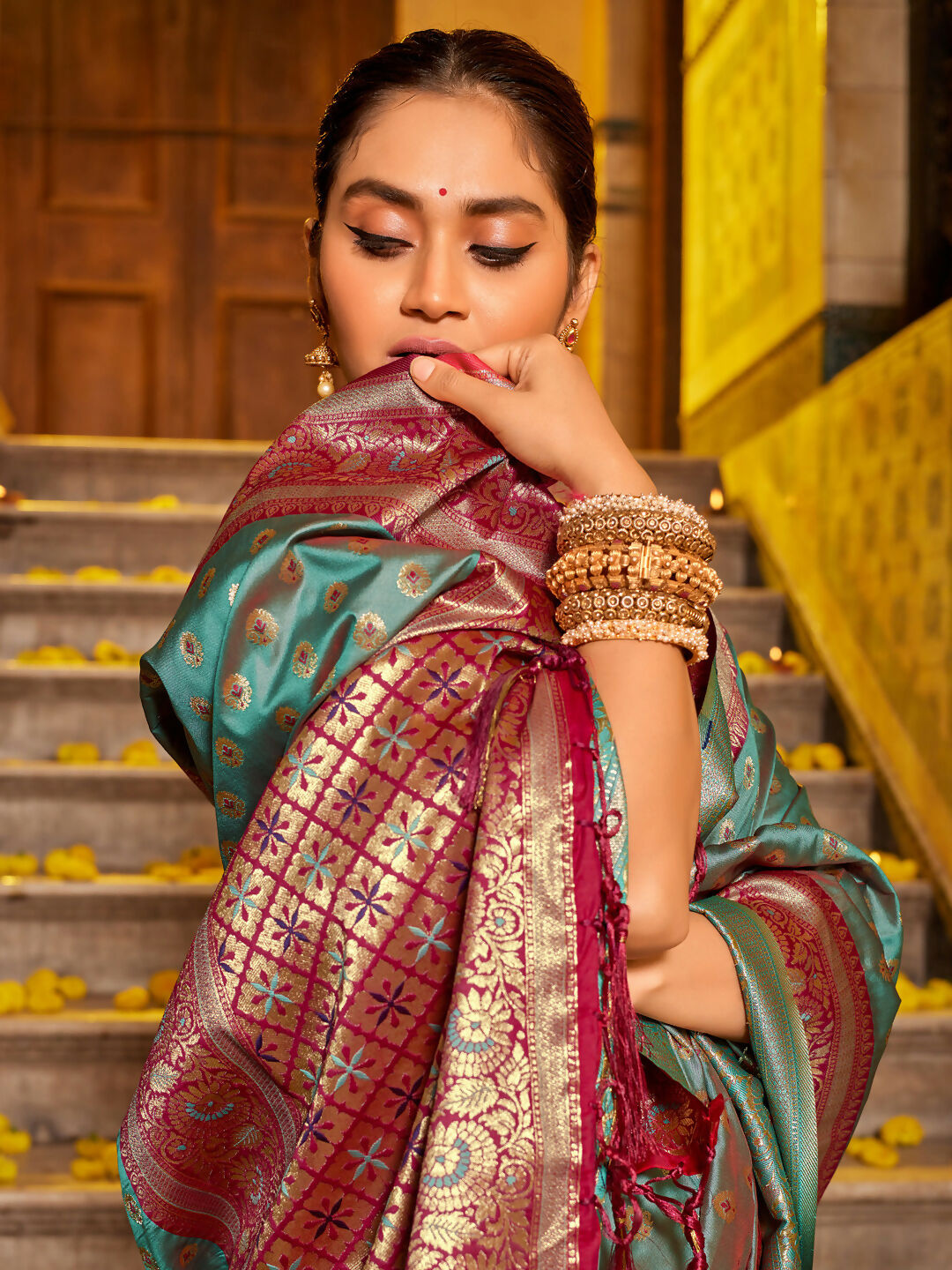 Astita Banarasi Silk Sea Green Saree | Swadesiicart