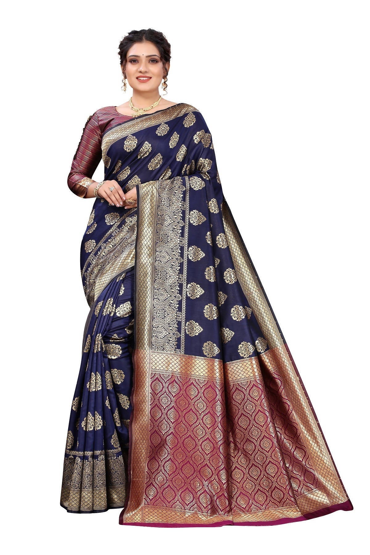 Vamika Ethnic Fire Navy Blue Weaving Banarasi Jacquard Saree | Swadesiicart