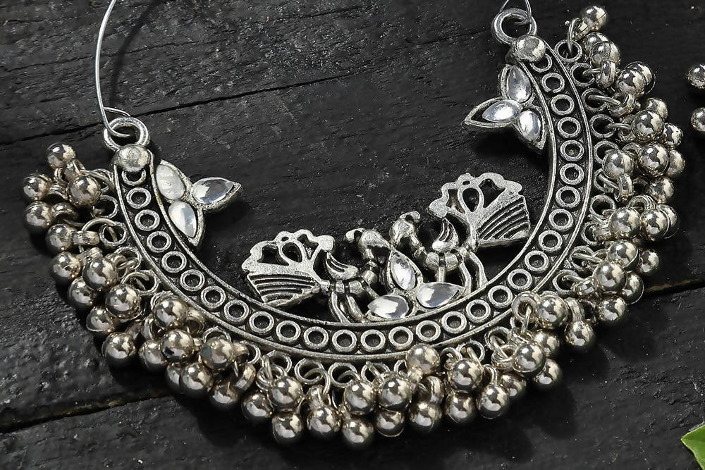 Mominos Fashion Johar Kamal Silver Peacock Design Chandbali Earrings - Swadesiicart