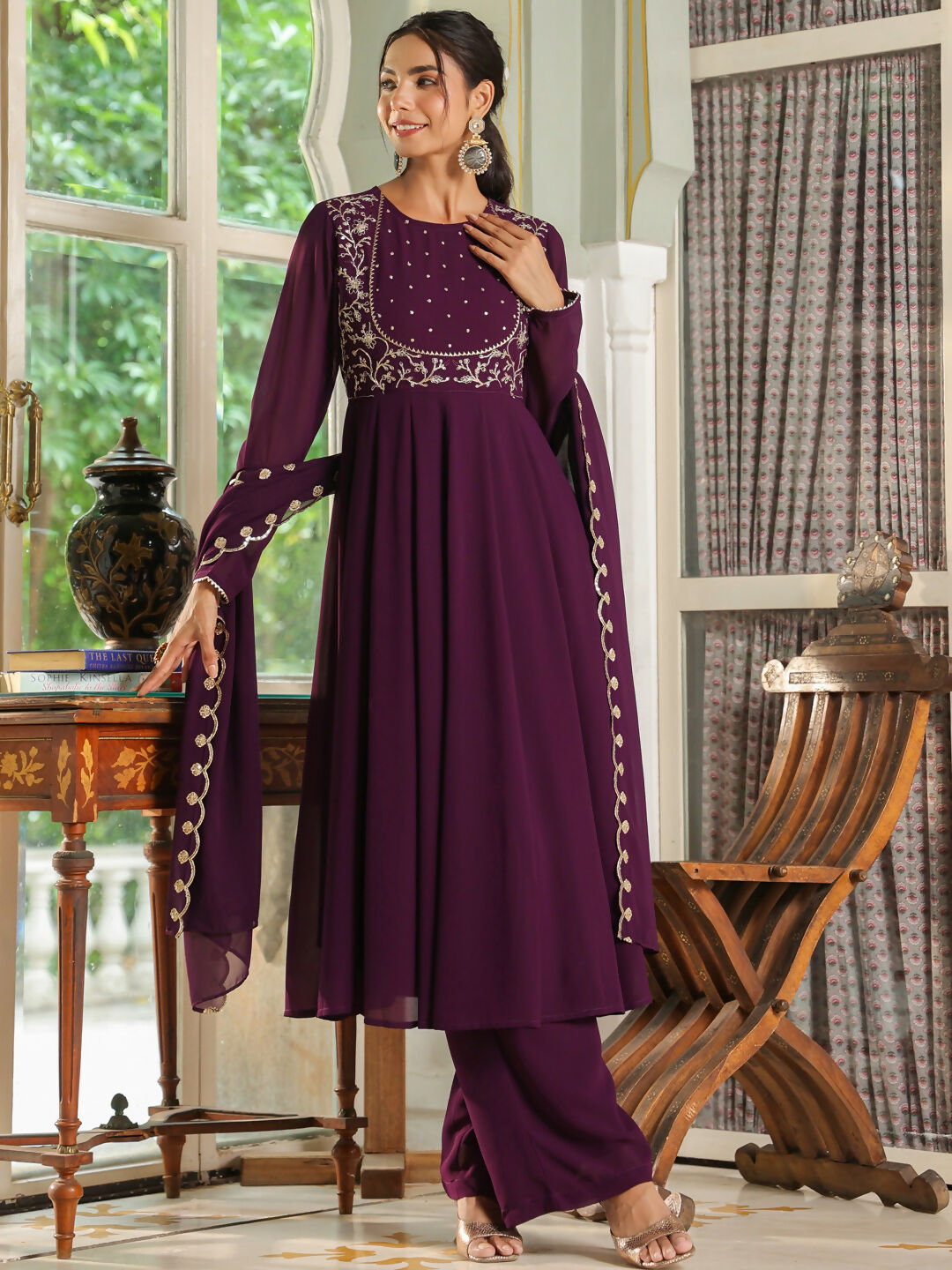 Janasya Purple Georgette Embroidered Kurta,Bottom & Dupatta | Swadesiicart