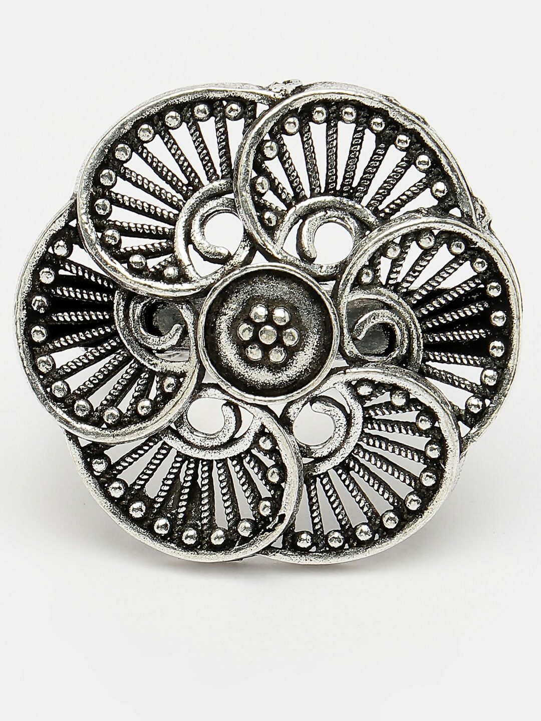 NVR Women's Silver-Toned Floral Shape Adjustable Finger Ring | Swadesiicart