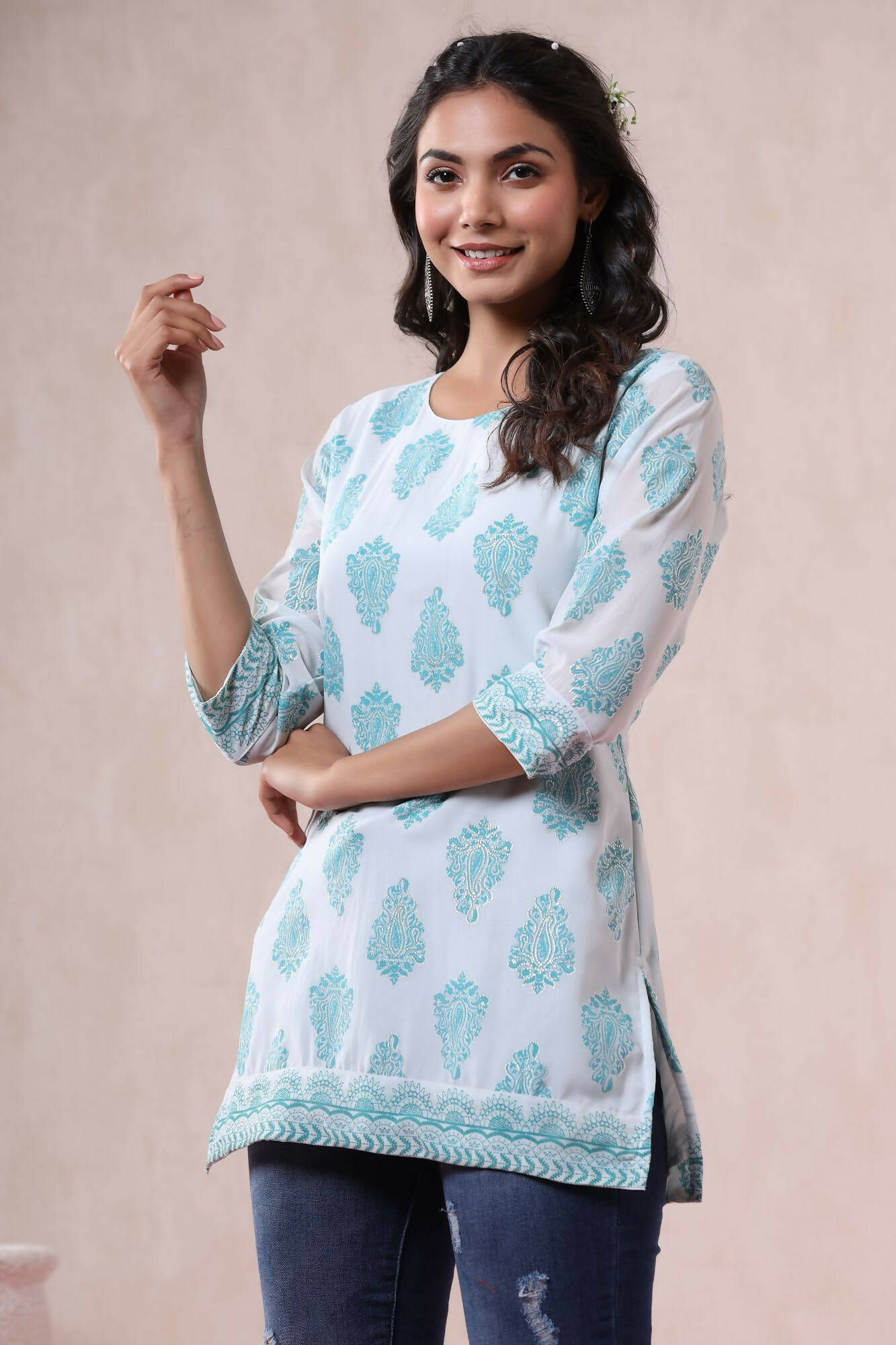 Juniper Women Bluemulti Georgette Printed Straight Tunic | Swadesiicart