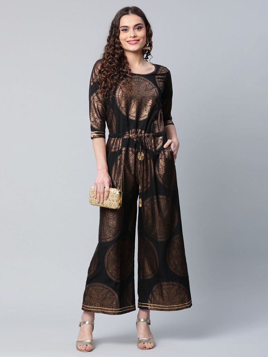 Ahalyaa Womens Black Crepe Copper Foil Printed Jumpsuit | Swadesiicart
