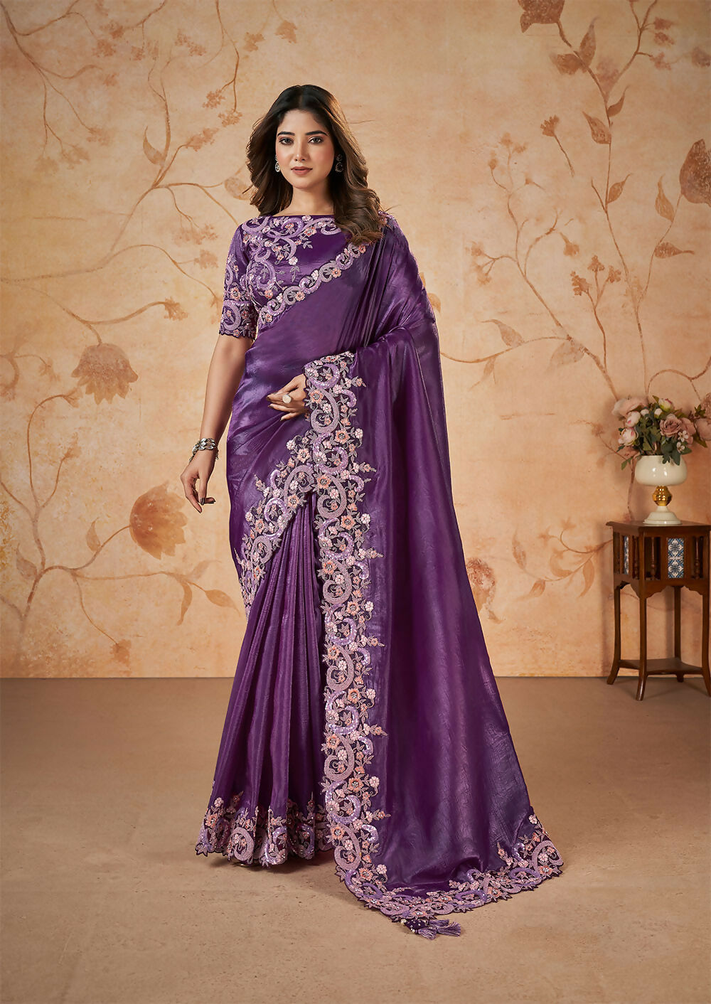 Purple Banarasi Crush Silk Thread, Sequence, Cord Embroidered with Stone & Moti Work Saree - Mohmanthan Dakshika | Swadesiicart