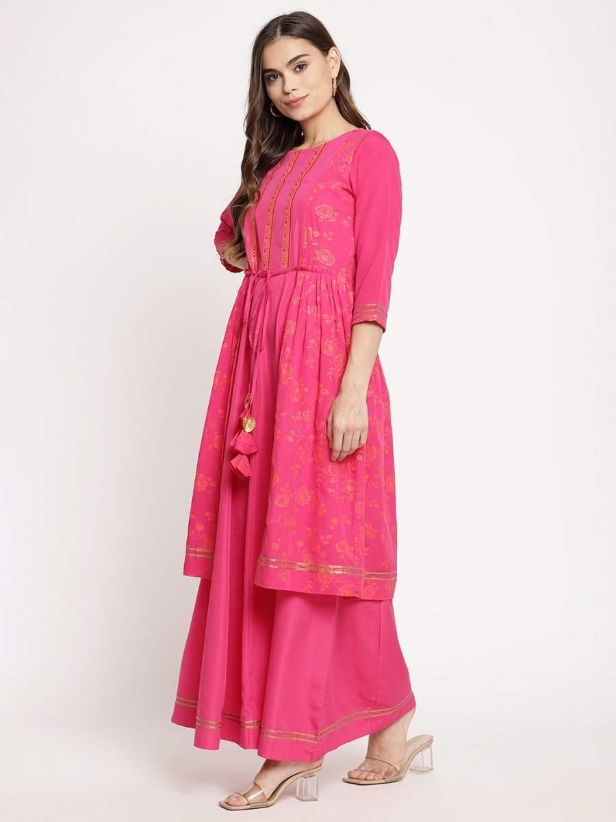 Ahalyaa Dark Pink Crepe Khari Print Dress For Women | Swadesiicart