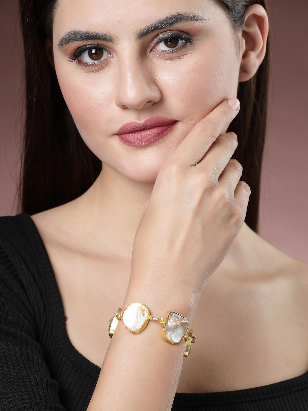 NVR Women's Gold-Polished Handcrafted Mother of Pearl Link Bracelet - Swadesiicart