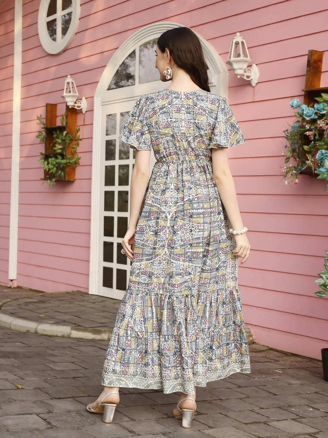 Green Rayon Foil Printed Long Dress - Michan | Swadesiicart