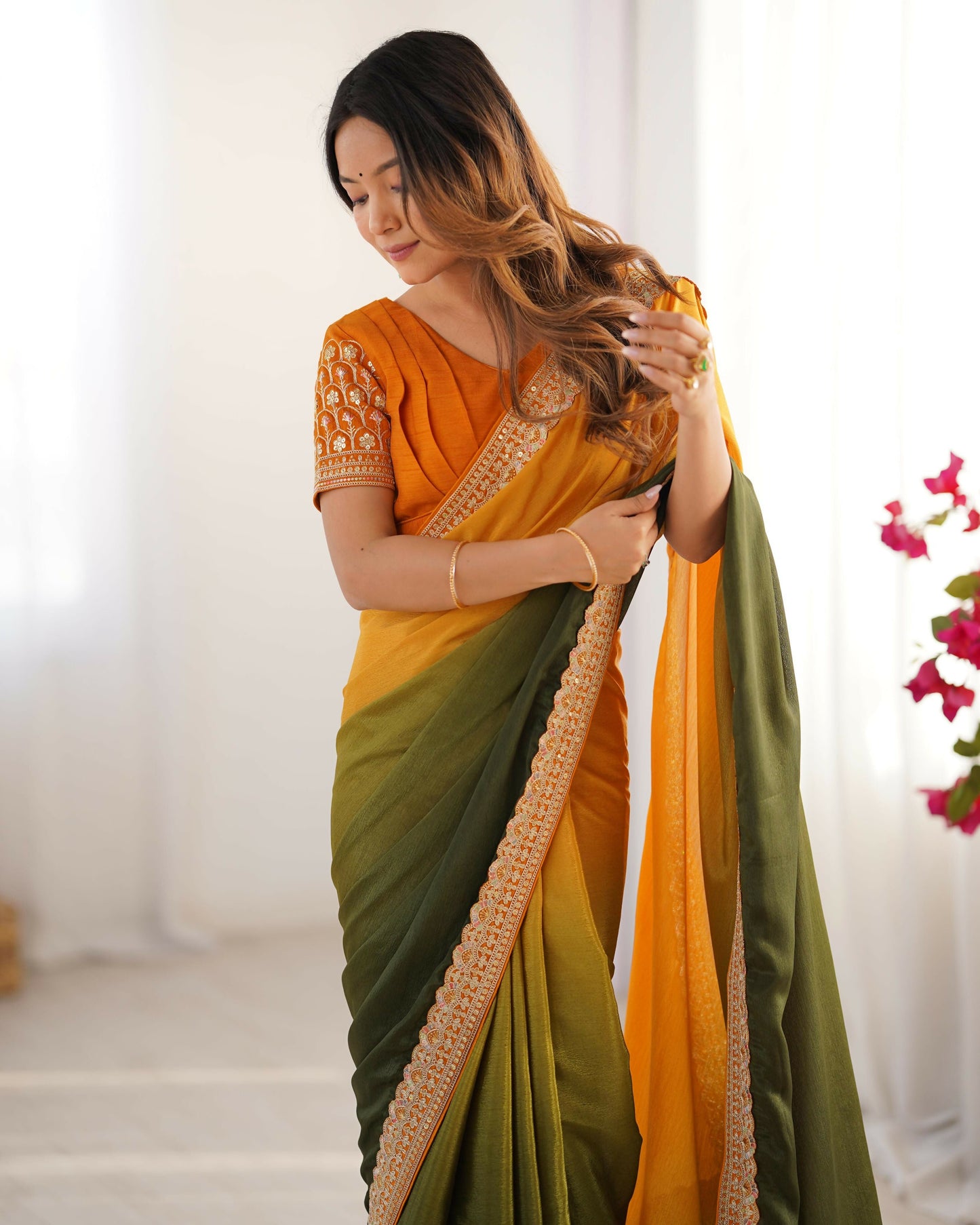 Exclusive Collection Yellow Green Party Wear Chinon Salk Saree - Swadesiicart