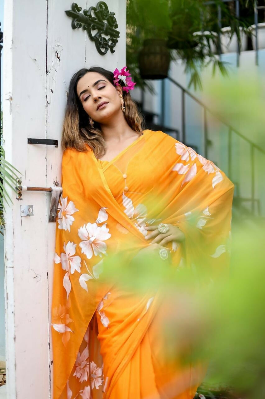 Exclusive Collection Beautiful Orange Pure Cotton Hand Print Handloom Saree With Running Blouse Piece - Swadesiicart