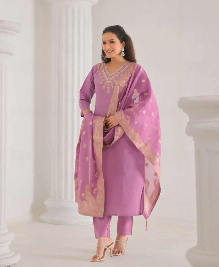 Ethnic Festive Wear Viscose Chanderi Pink Stitched Suit With Dupatta - Tanisha | Swadesiicart
