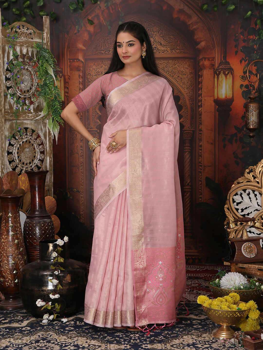 Shree Shyam Fashion Organza Light Pink Saree