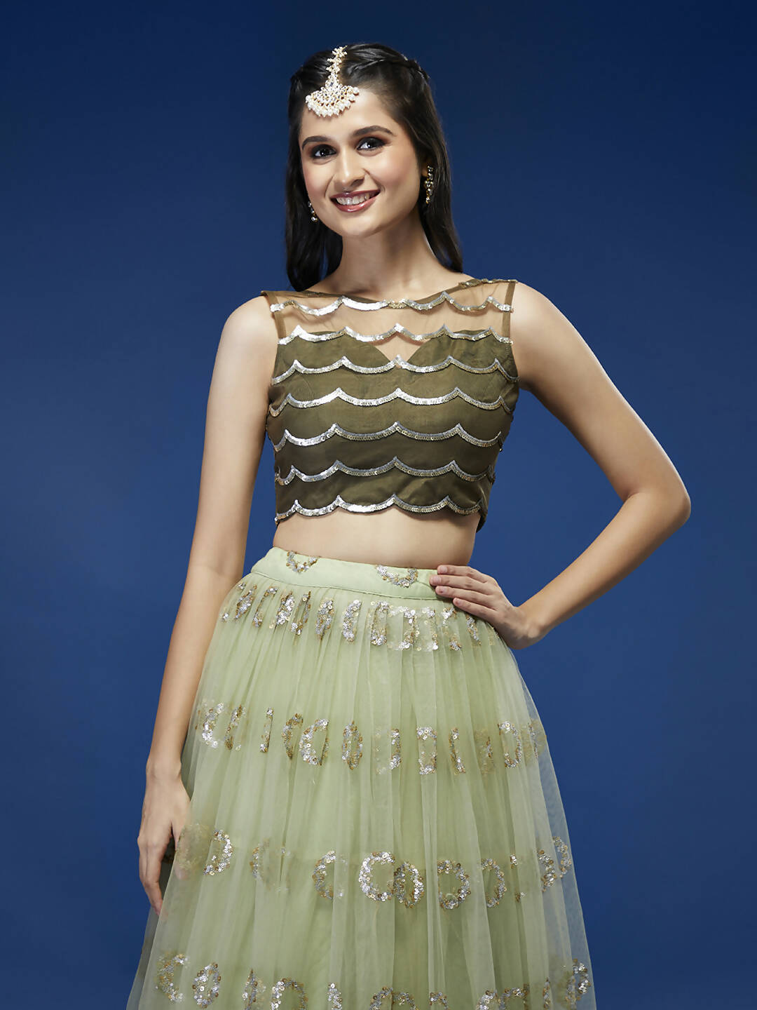 House of Panchhi Lime Green Net Embroideried Round Sequins Lehenga | Swadesiicart