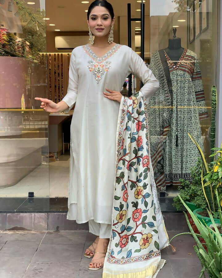 The52 Off White Women's Gorgeous Embroidered Viscose Chanderi Fabric Straight Kurta Pant with Dupatta Set - Swadesiicart