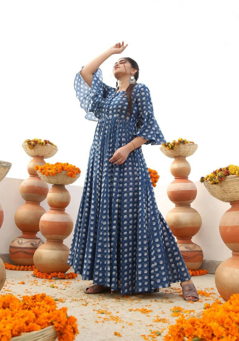 Jyoti Fashion Women's Blue Heavy Digital Printed Cotton Silk Anarkali Dress | Swadesiicart
