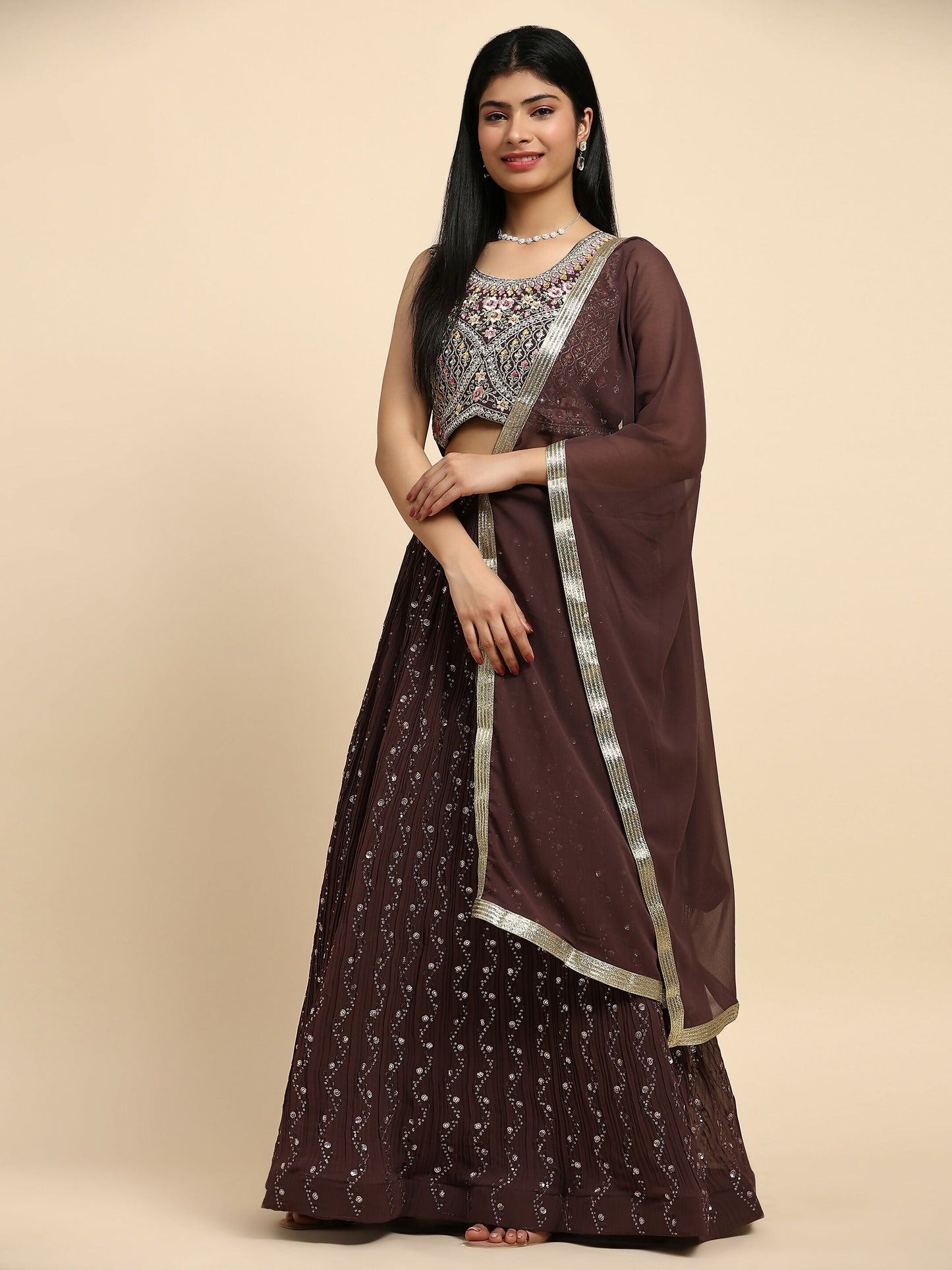 Brown Georgette Embroidered Lehenga choli with Dupatta - Dhara | Swadesiicart