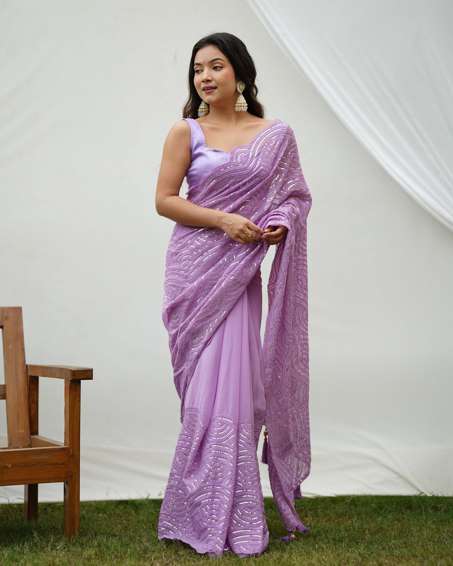 Vamsee Trending Sequins .2 Purple Georgette Saree - Swadesiicart