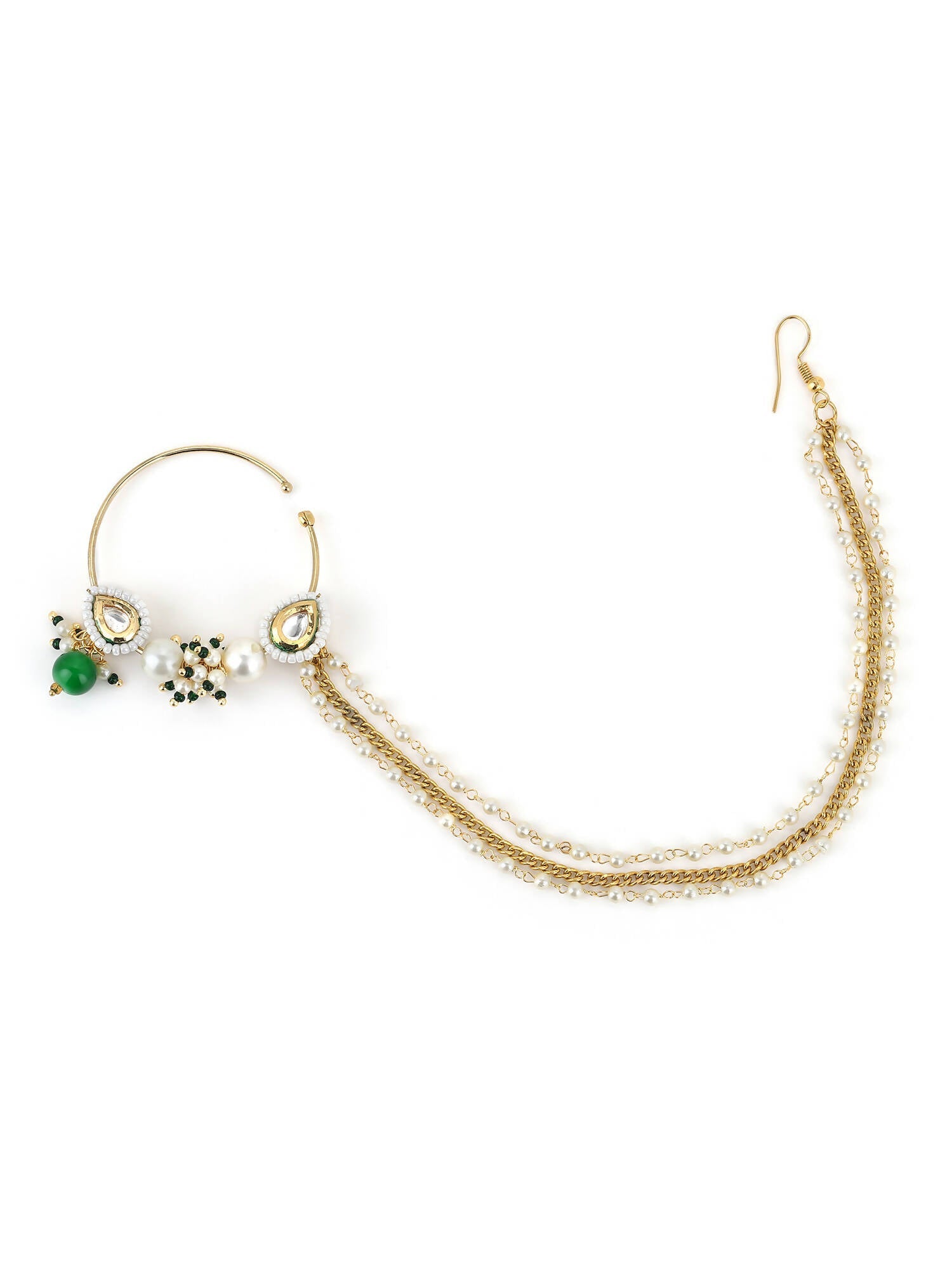 Gold-Polished White Green Kundan-Studded Pearl Beaded Nosepin - Ruby Raang | Swadesiicart