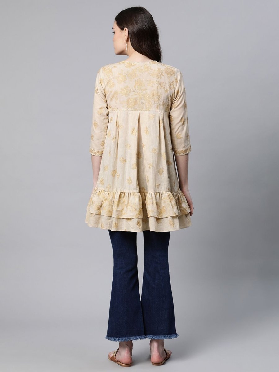 Ahalyaa Beige Cotton Gold Printed Tunic | Swadesiicart