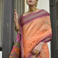 Vishnu Weaves Women's Orange Handloom Raw Silk Saree with Blouse - Swadesiicart