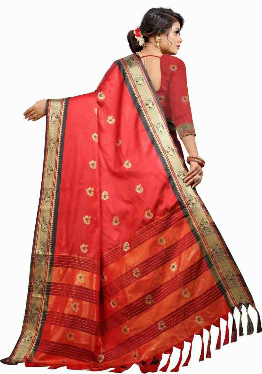 DEIANA'S Beautiful Designer Golden zari Soft Lichi Silk Saree - Red - Swadesiicart