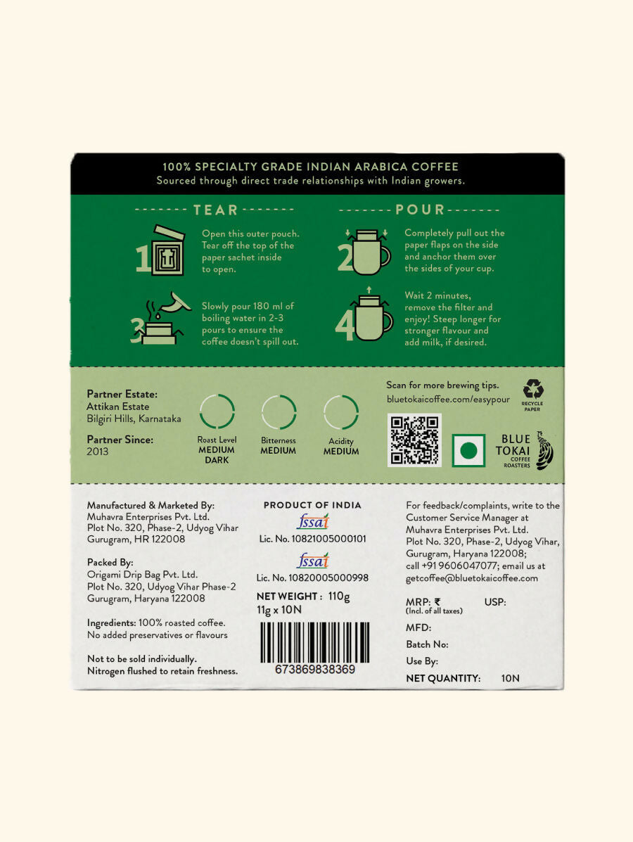 Blue Tokai Attikan Estate Medium-Dark Roast Easy Pour Sachets - Swadesiicart
