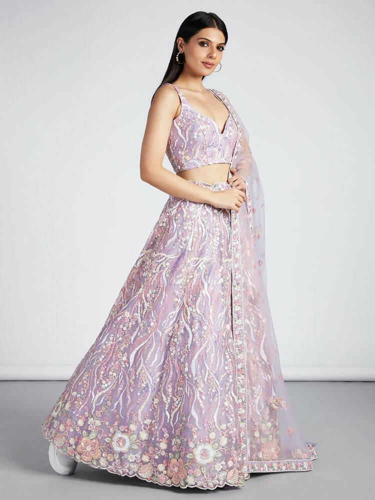 House of Panchhi Mauve Net Sequins And Thread Embroidery Lehenga Choli & Dupatta | Swadesiicart