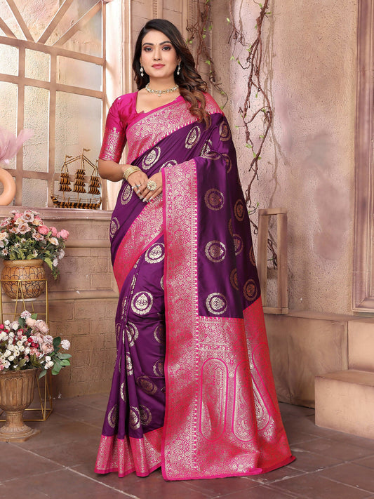 Joban Fashion Purple Banarasi Soft Silk Woven Saree | Swadesiicart