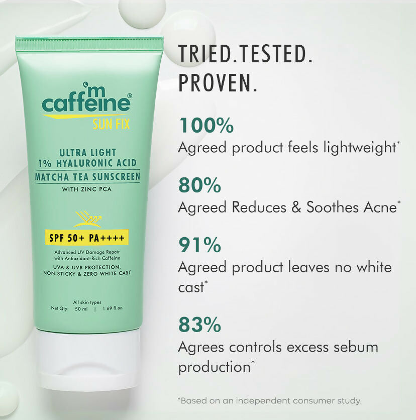 mCaffeine Sun Fix Ultra Light 1% Hyaluronic Acid Matcha Tea Sunscreen SPF 50+ PA++++ | Swadesiicart