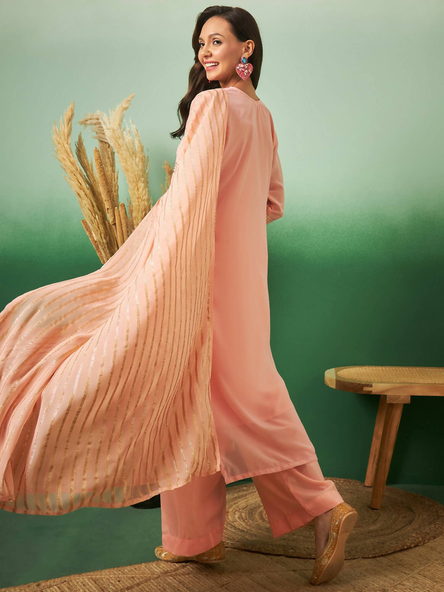 Peach Georgette Handwork Unstitched Dress Material - Hanika | Swadesiicart