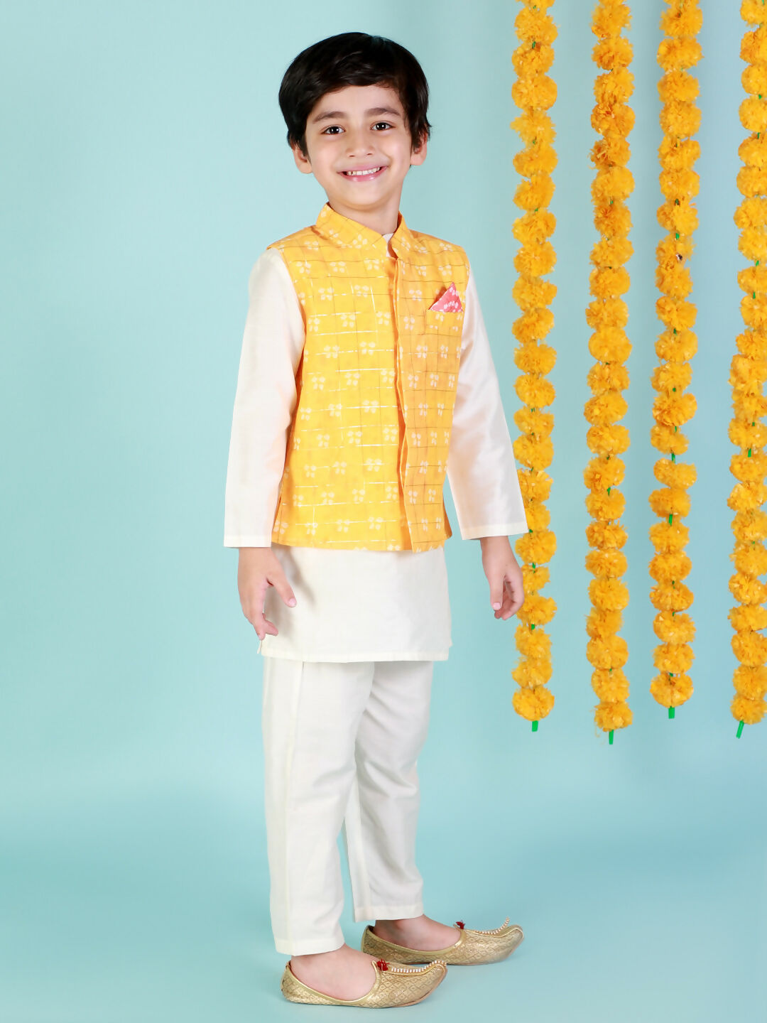 Lil Drama Boys Kurta Pyjama with jacket set - White | Swadesiicart